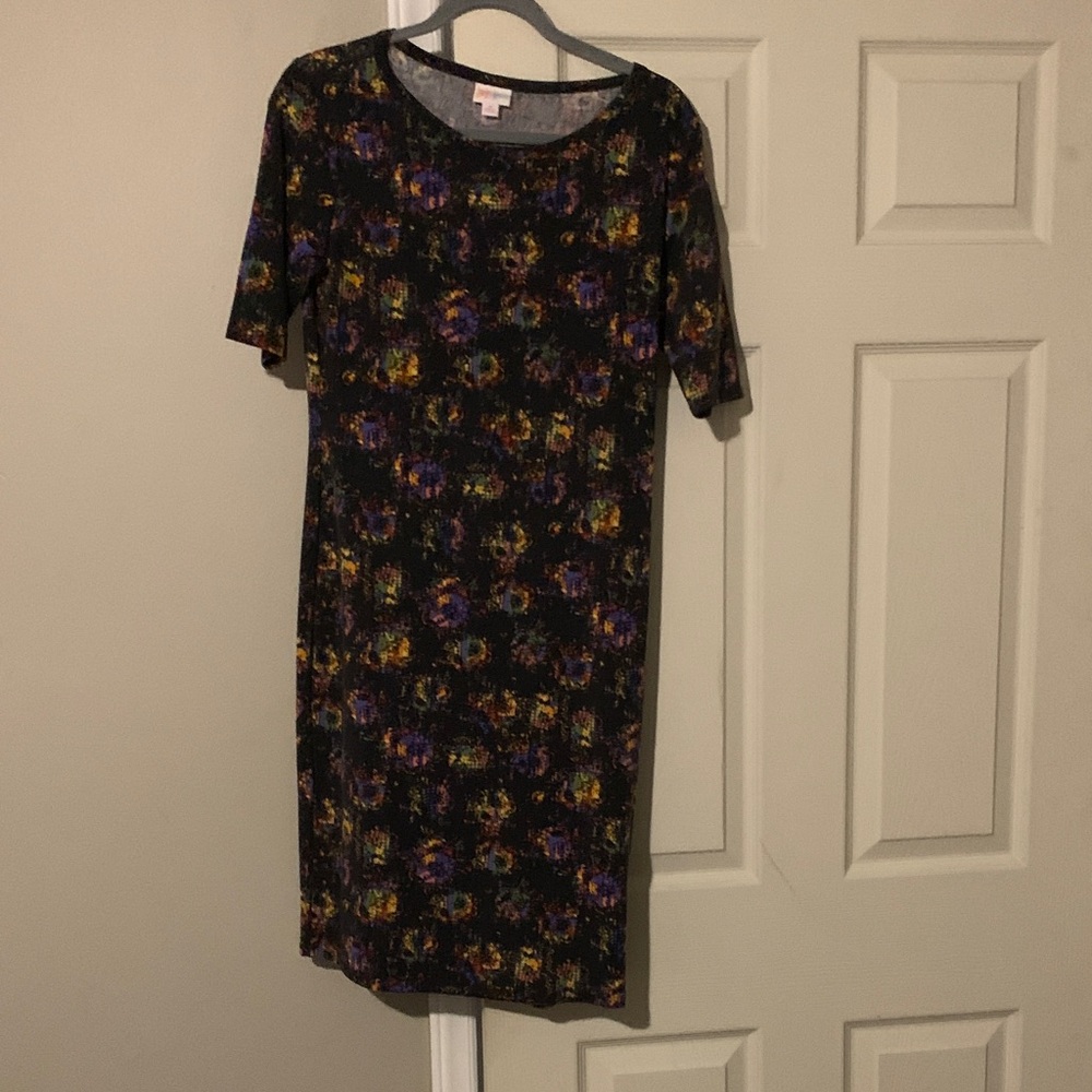 LuLaRoe Julia Black Dress with Multicolor Floral Design